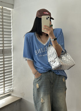 鬼鬼家 正品韩代东大门夏甜美V领蕾丝花边字母含垫肩宽松短袖T恤