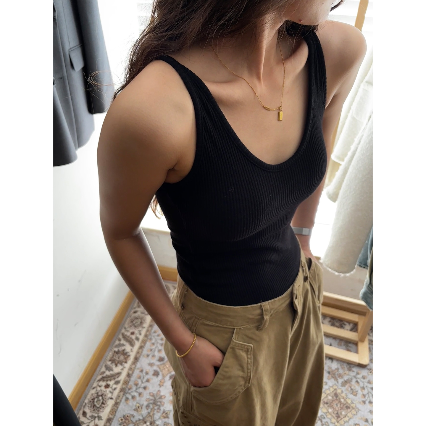 鬼鬼家正品韩代东大门秋冬 U型领螺纹针织外穿显瘦带胸垫内搭背心