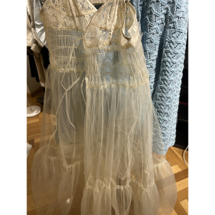 鬼鬼家正品 度假风蕾丝拼接分层薄纱吊带连衣裙女 韩代东大门春夏