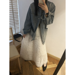 牛仔外套 韩代东大门春复古廓形水洗翻领单排扣中长款 鬼鬼家 正品