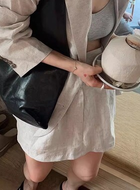 少量现货 东大门韩代 夏简约ins亚麻翻领轻薄西装+高腰大长腿短裙