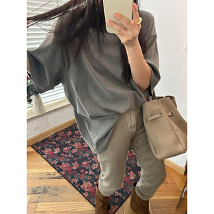 现货 韩代东大门秋冬 简约百搭圆领五分袖套头宽松休闲T恤女