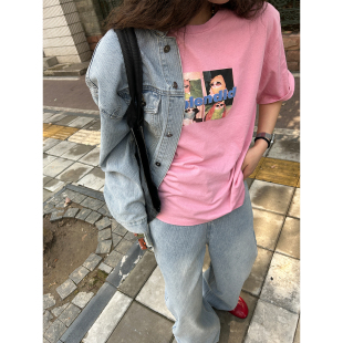 宽松T恤夏 面料吼舒服洗染粉印花透气短袖 鬼鬼家正品 韩代东大门