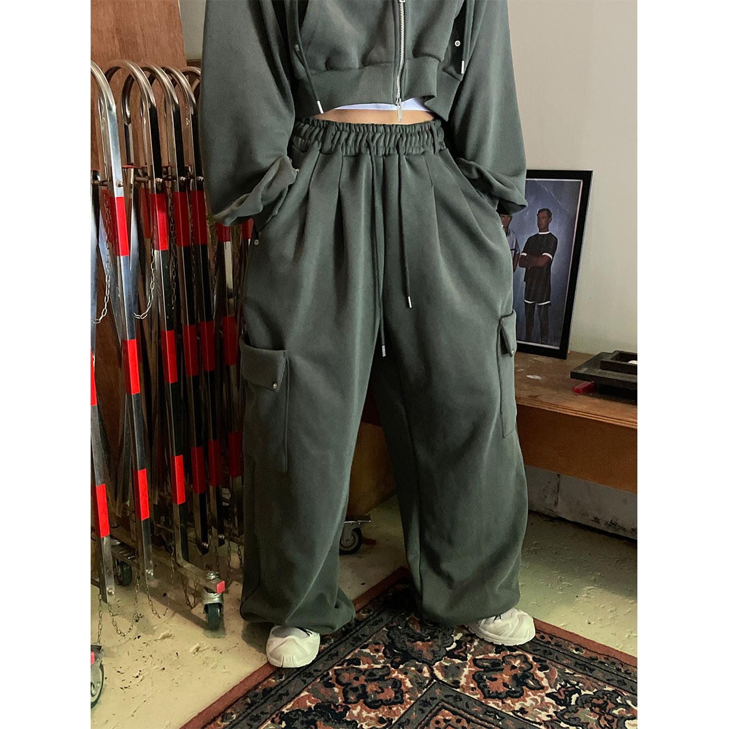 鬼鬼家正品韩代东大门秋冬 休闲运动风大口袋松紧腰抽绳工装长裤