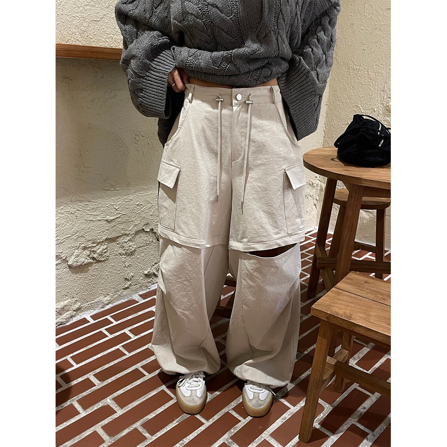 鬼鬼家正品韩代东大门秋冬 复古工装风多口袋抽绳阔腿休闲长裤女