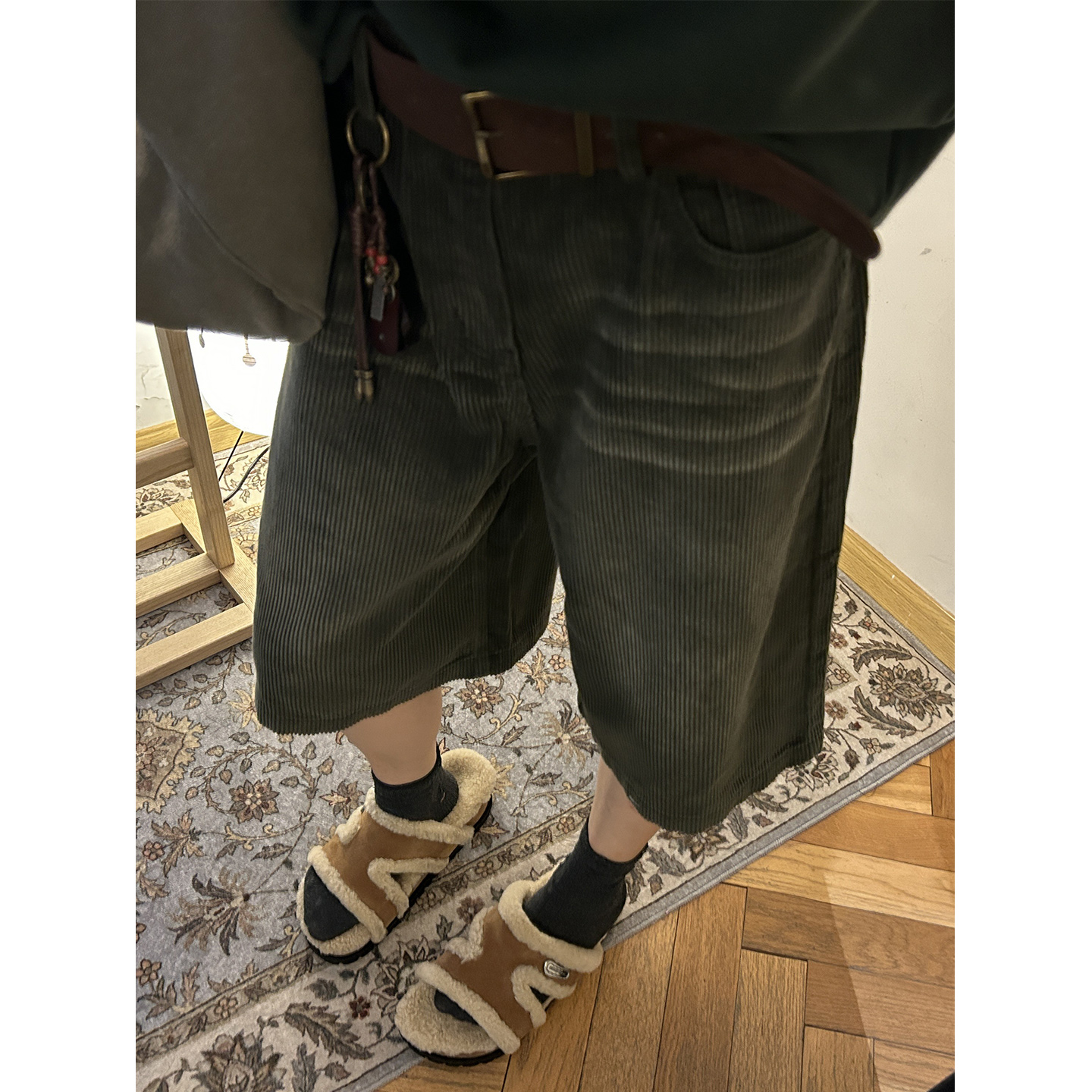 鬼鬼家正品韩代东大门秋冬 灯芯绒显瘦直筒阔腿裤休闲中裤含腰带