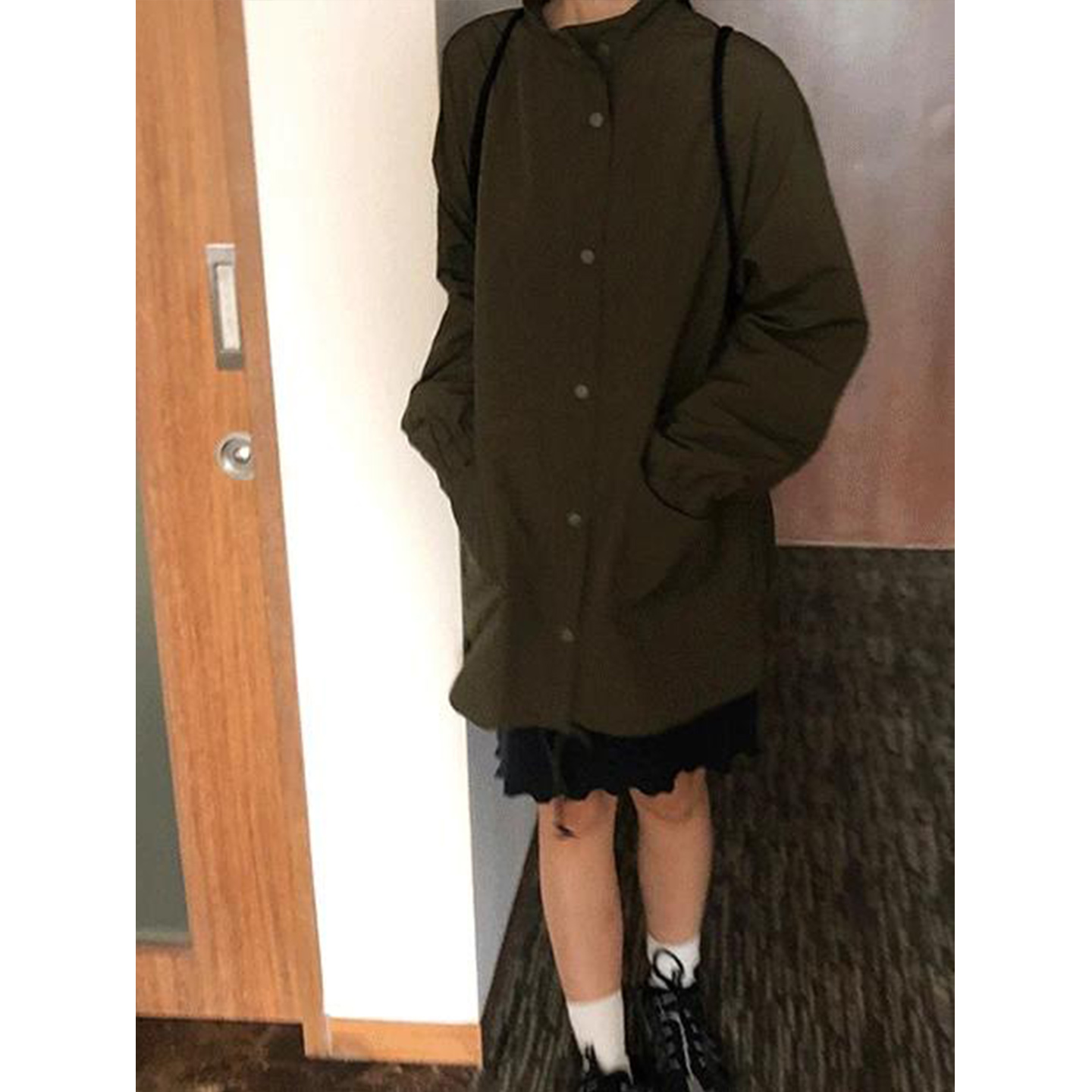 鬼鬼家正品韩代东大门秋冬 宽松大口袋下摆抽绳单排扣中长款外套