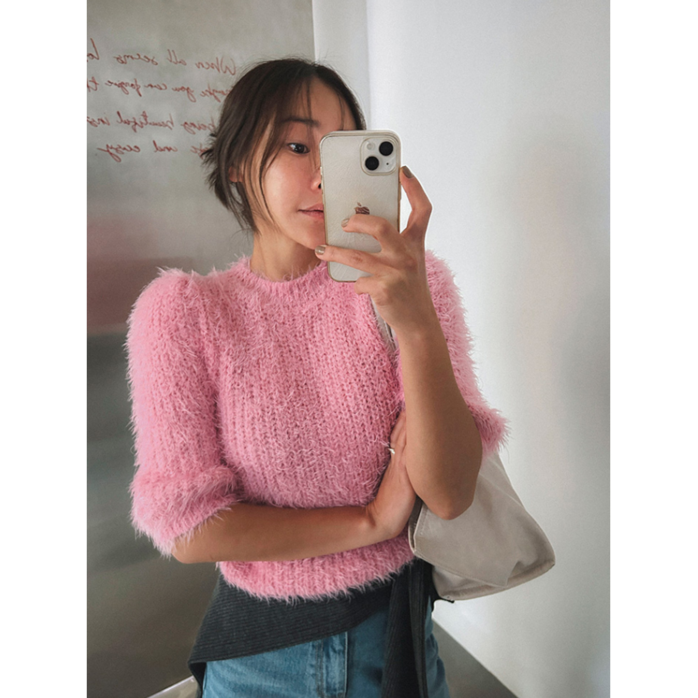 鬼鬼家正品韩代东大门冬 温柔甜美风毛毛针织衫圆领套头中袖毛衣