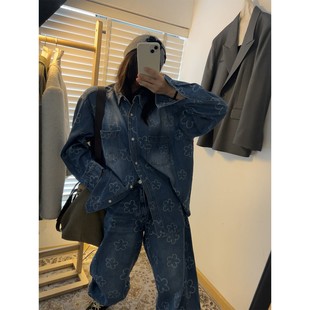 宽松衬衫 少量现货正品 韩代东大门老花加厚牛仔外套高腰老爹牛仔裤