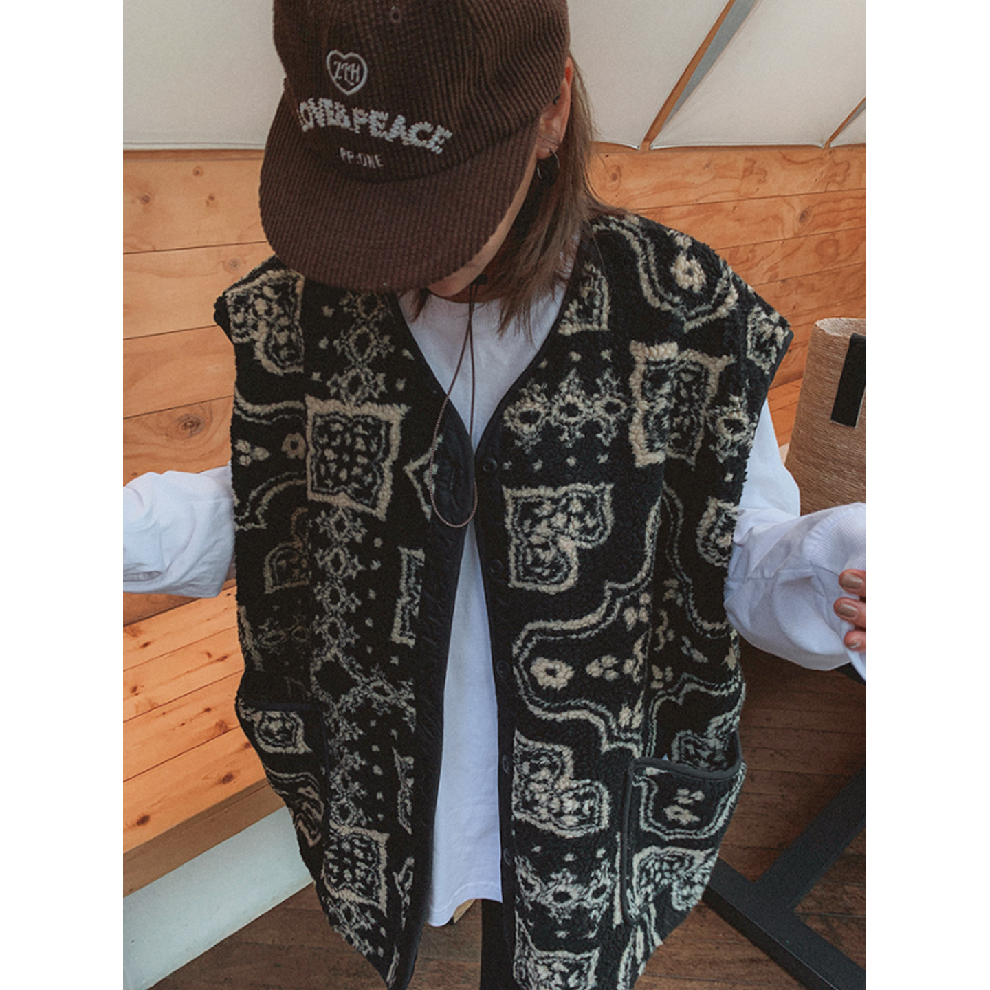 鬼鬼家正品韩代东大门秋冬 民族风复古花纹摇粒绒单排扣马甲马夹