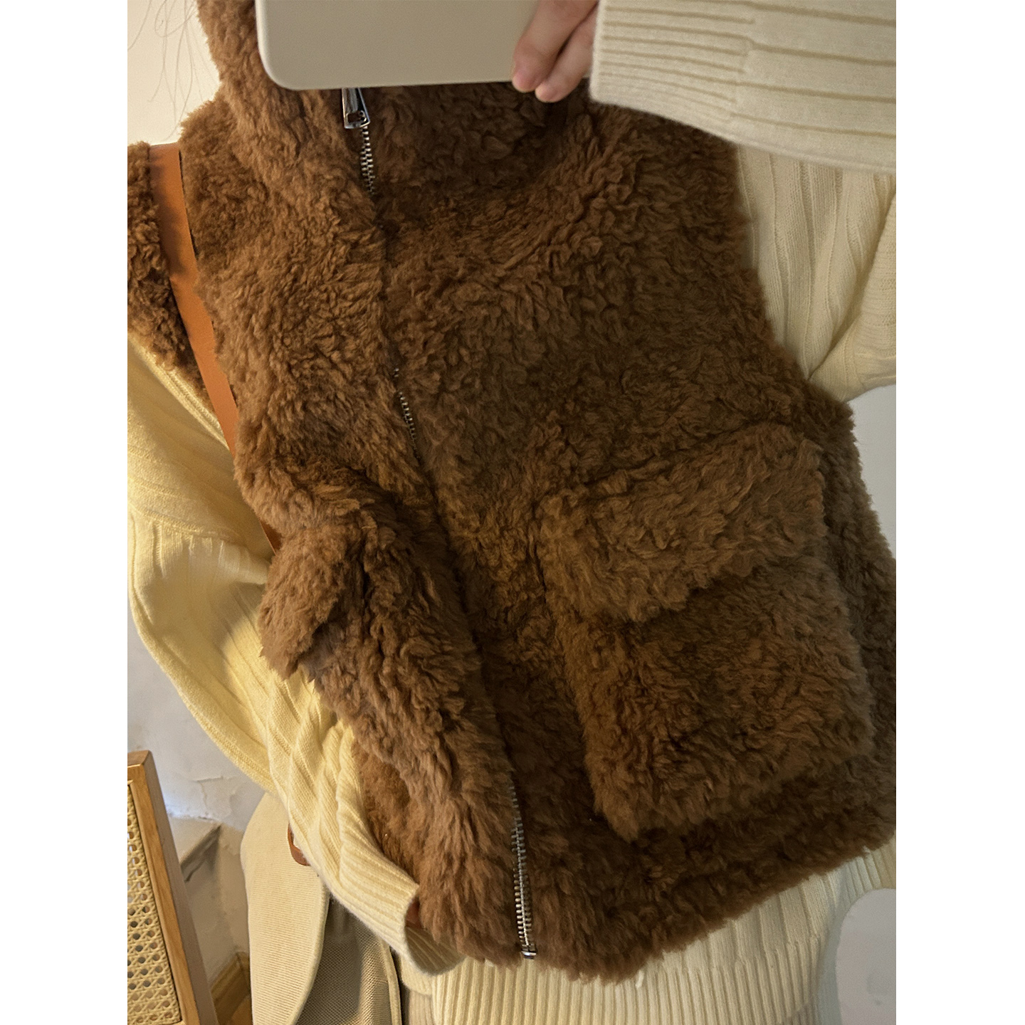 鬼鬼家正品韩代东大门冬 羊毛立领拉链皮毛一体保暖马夹马甲外套