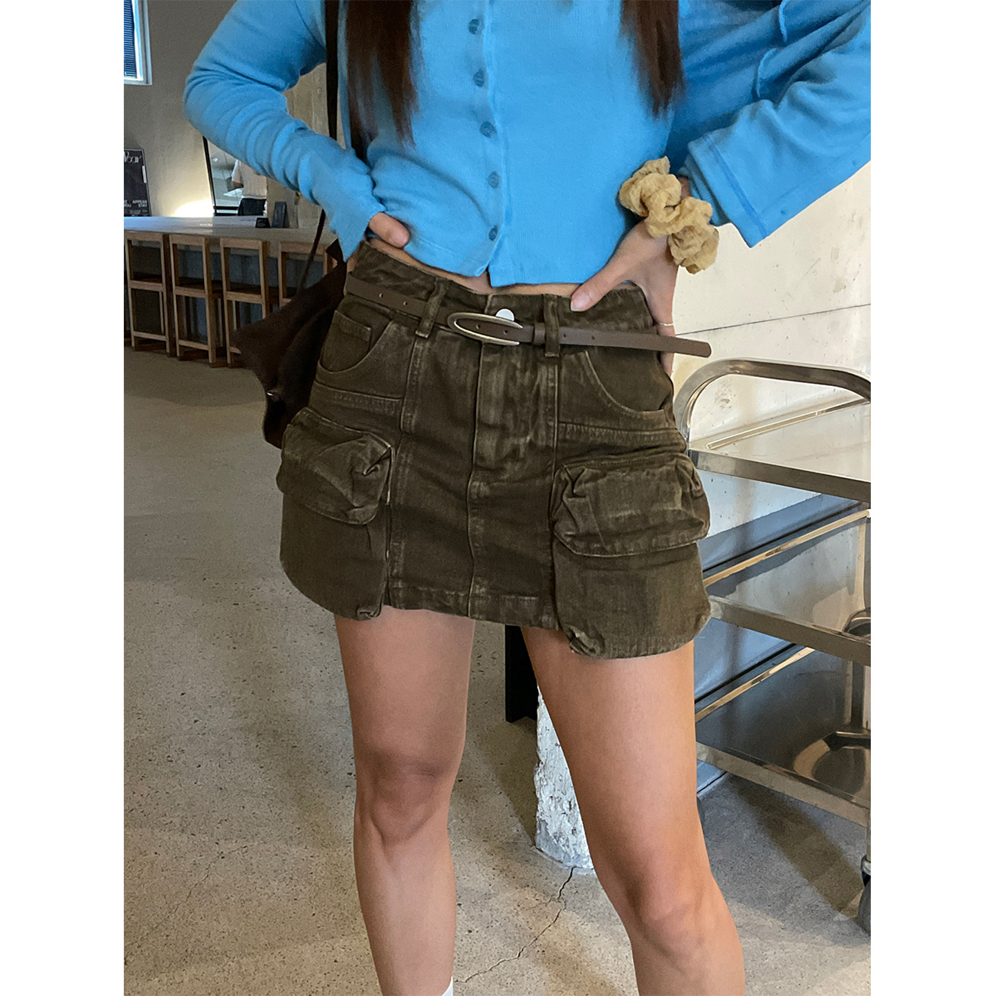 鬼鬼家正品韩代东大门秋冬 做旧工装风大口袋防走光A字半身短裙裤