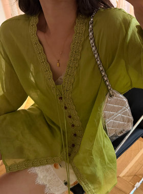 鬼鬼家正品韩代东大门夏 森系刺绣花边V领系带长袖单排扣苎麻衬衫