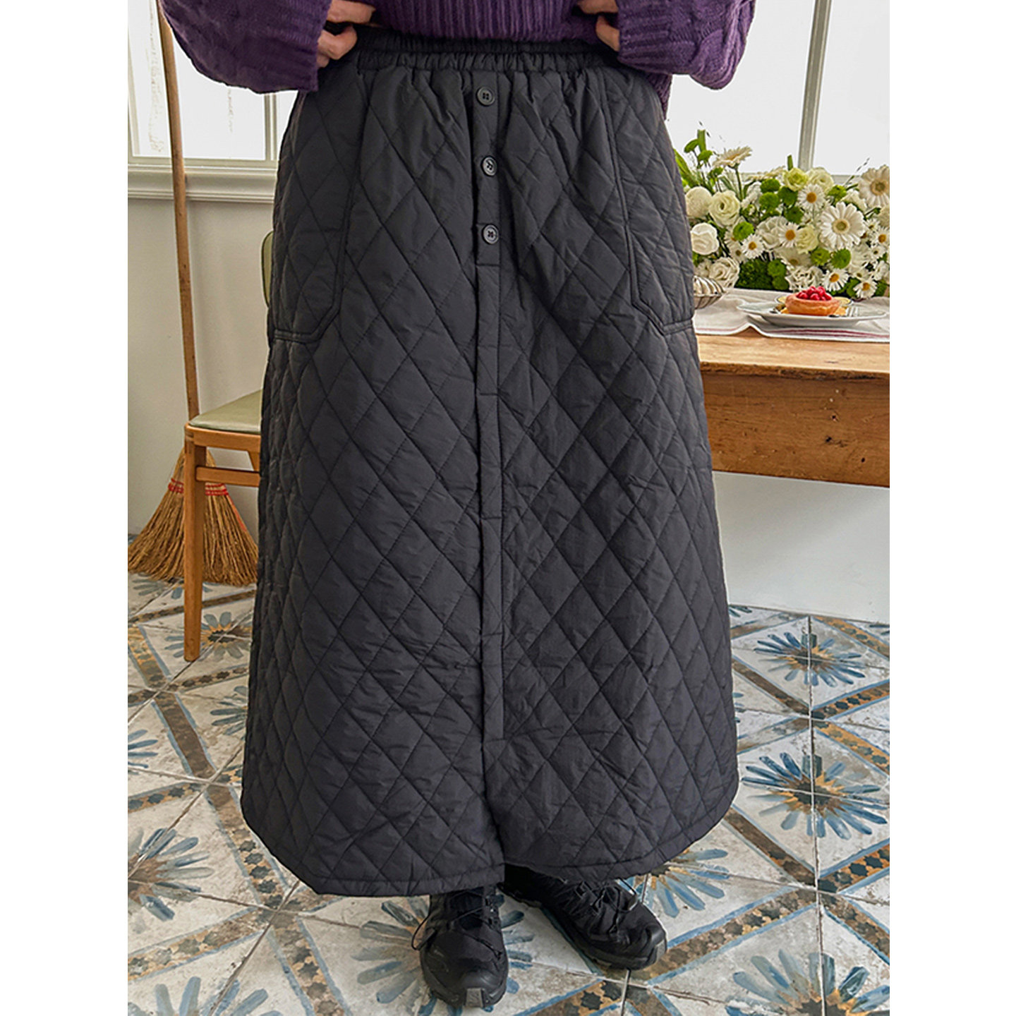 鬼鬼家正品韩代东大门冬 大口袋纽扣菱格夹棉松紧腰A字半身裙长裙,女装/女士精品,半身裙,淘宝优惠券,粉丝福利购,淘宝优惠卷