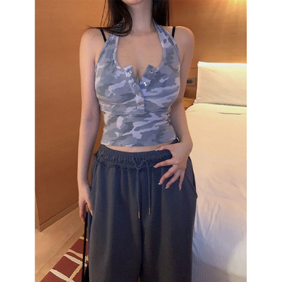 鬼鬼家正品韩代东大门 25夏纯欲风性感迷彩挂脖无袖背心美背上衣