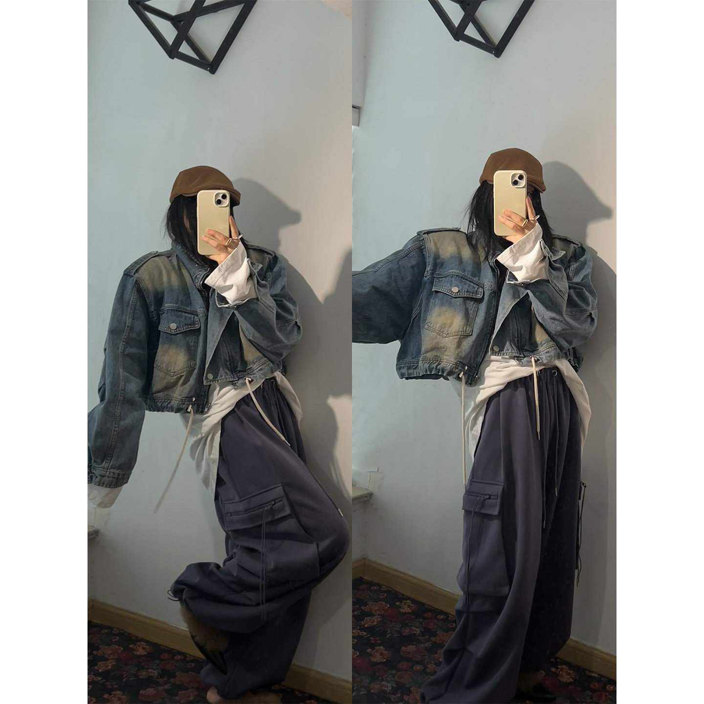 鬼鬼家正品韩代东大门 水洗做旧复古外套抽绳很帅工装夹克牛仔图片