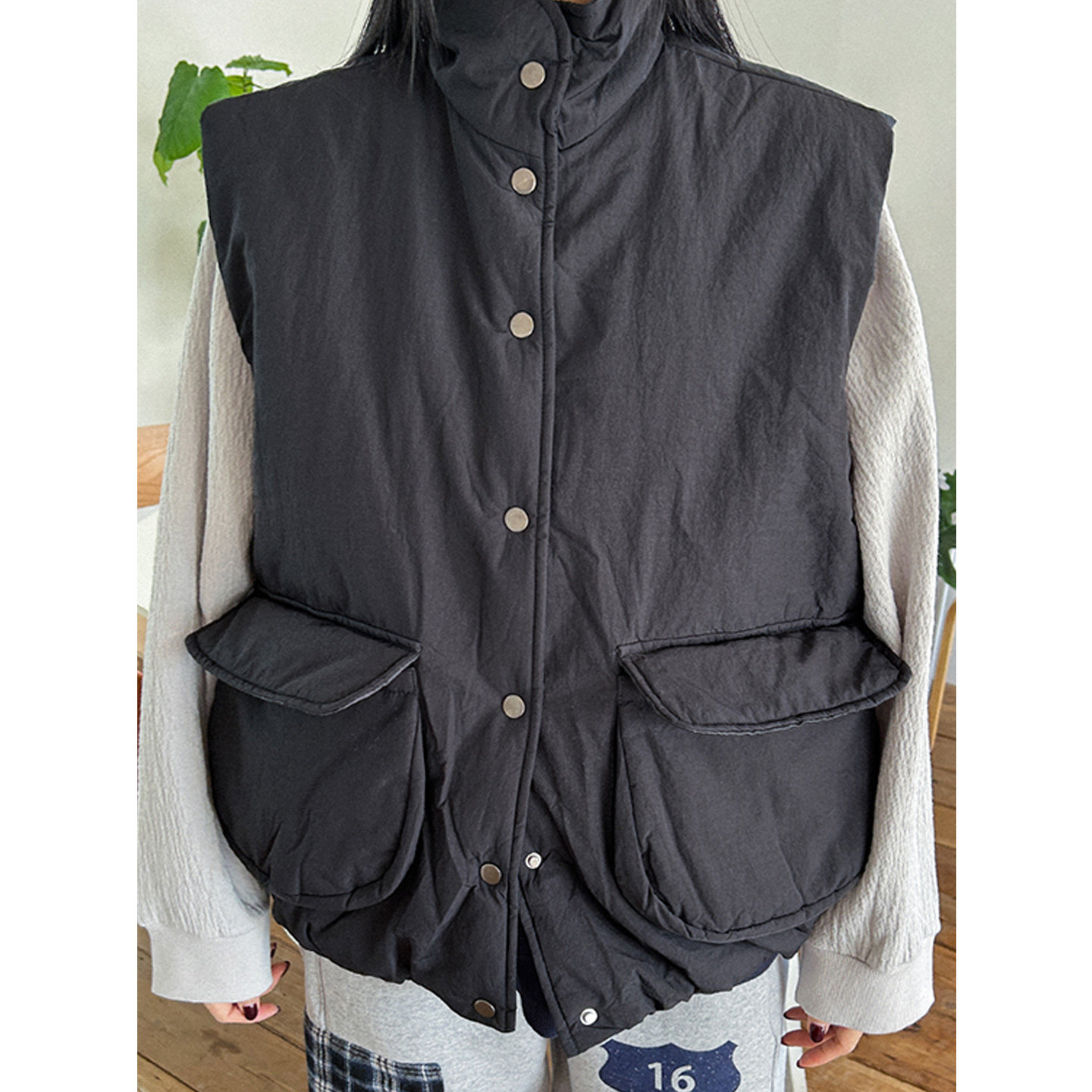 鬼鬼家正品韩代东大门冬 工装立领简约单排扣大口袋夹棉马甲外套