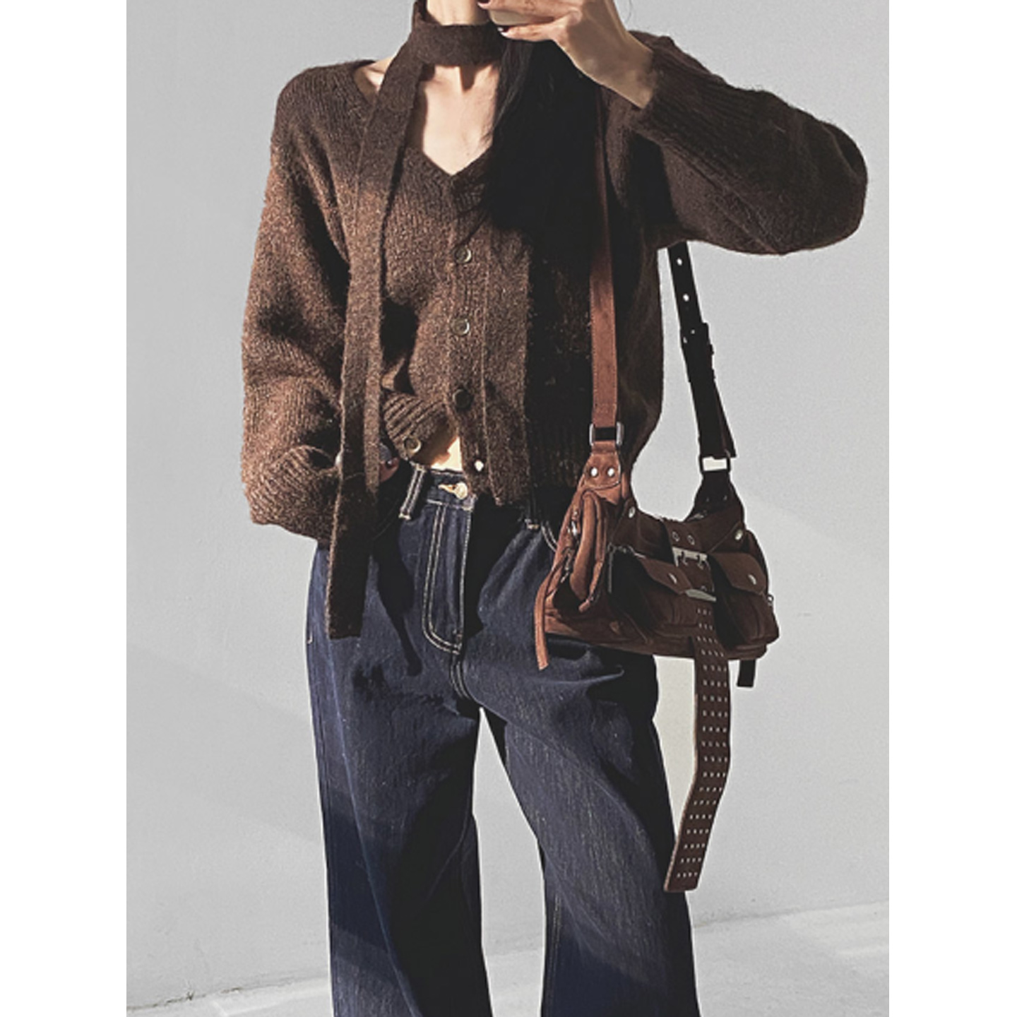 鬼鬼家正品韩代东大门冬 girl保暖羊毛混纺V领单排扣针织衫+飘带