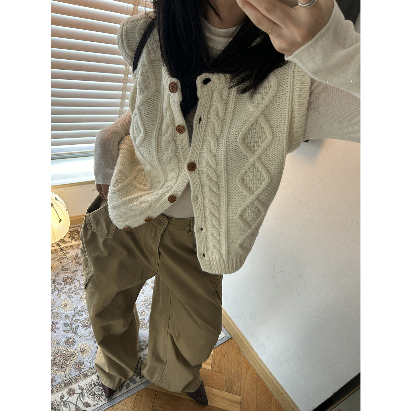 鬼鬼家正品韩代东大门 全羊毛加厚菱形绞花温柔简约针织马夹马甲