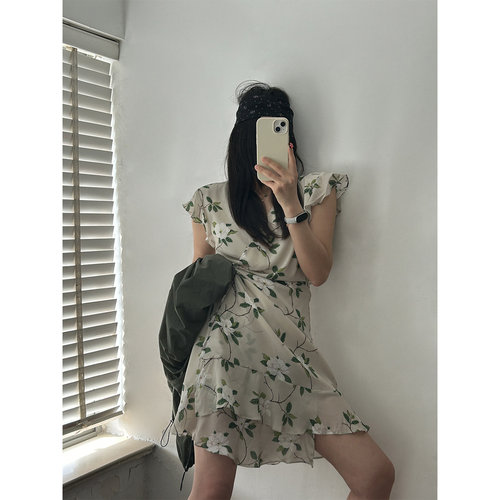 鬼鬼家正品韩代东大门夏 荷叶边边真丝双绉清新印花茶歇连衣裙女