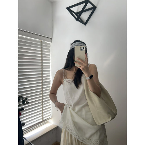 部分现货 正品韩代东大门夏 慵懒风蕾丝拼接缎光感吊带背心连衣裙