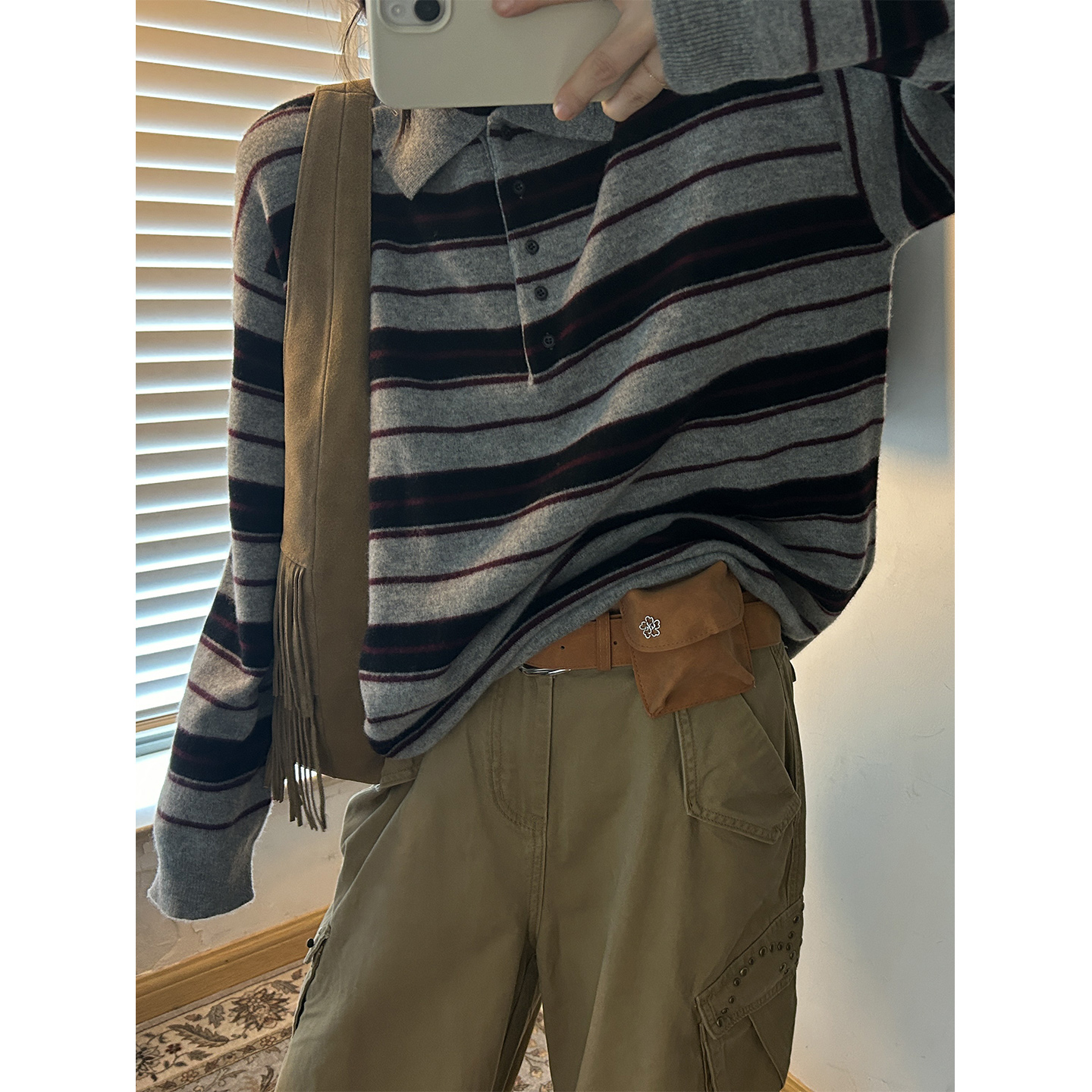 鬼鬼家正品韩代东大门秋冬 气质POLO领条纹宽松中长毛针织衫毛衣