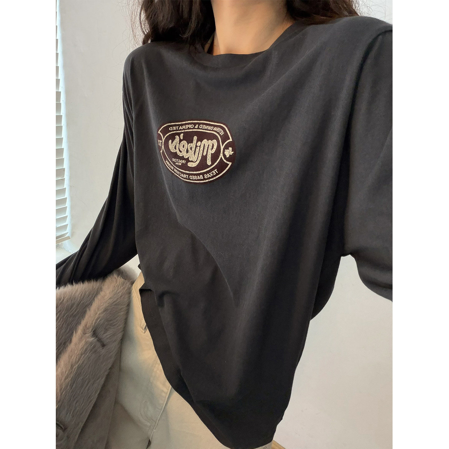 鬼鬼家正品韩代东大门春 宽松简约字母印花圆领长袖休闲T恤上衣女,女装/女士精品,T恤,淘宝优惠券,粉丝福利购,淘宝优惠卷