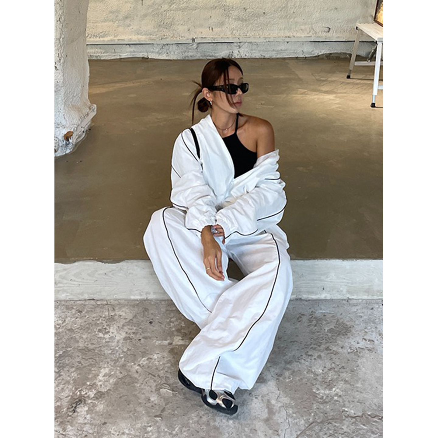 鬼鬼家正品韩代东大门秋 休闲运动滚边条纹拉链翻领宽松长袖外套