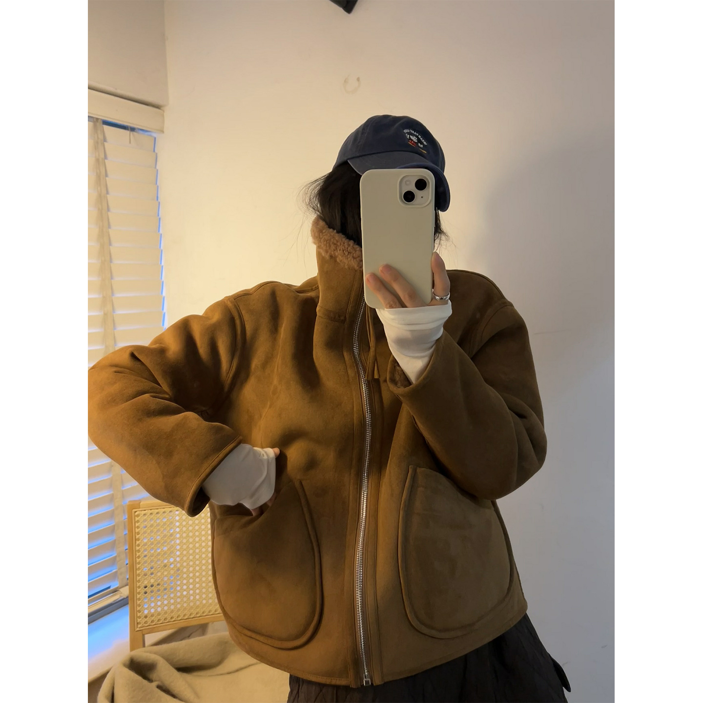 鬼鬼家正品韩代东大门冬 自留皮毛一体羊毛两面服保暖棉衣焦糖色