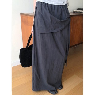 少量现货正品韩代东大门25夏baby纯色个性系带松紧腰层叠长款半裙