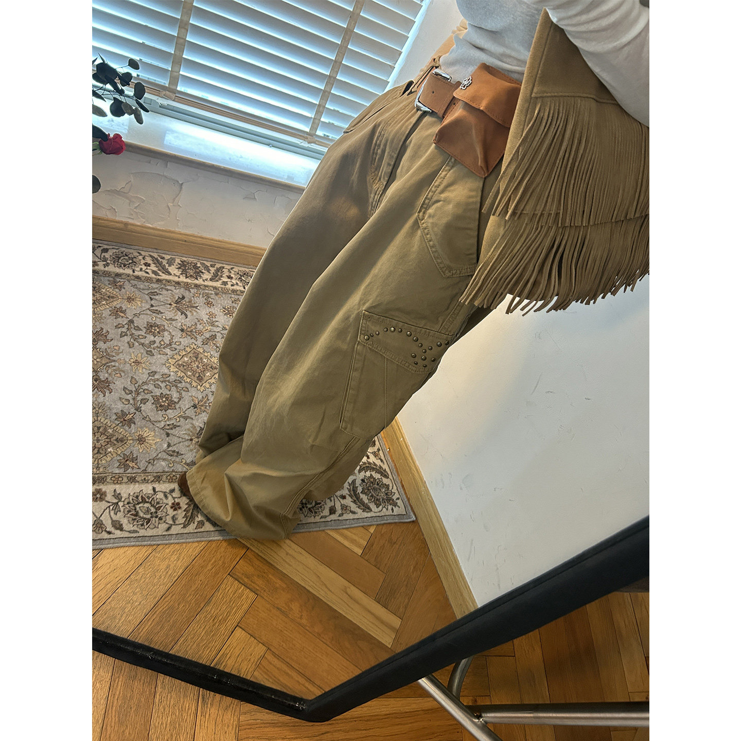 少量现货正品韩代东大门秋冬设计款铆钉多口袋阔腿宽松显瘦工装裤