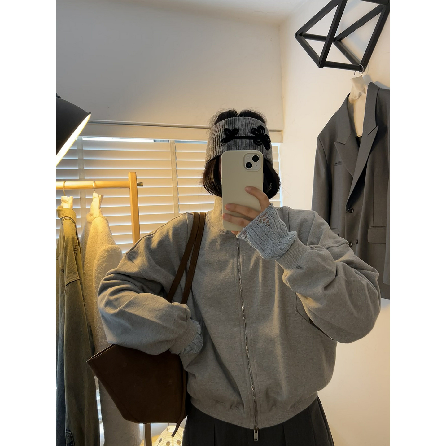 现货 正品韩代东大门 温柔灰柔软口袋拉链高领毛圈卫衣外套开衫