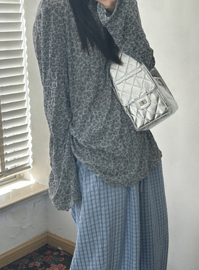 鬼鬼家正品韩代东大门夏 慵懒时尚灰色豹纹宽松显瘦长袖防晒T恤衫
