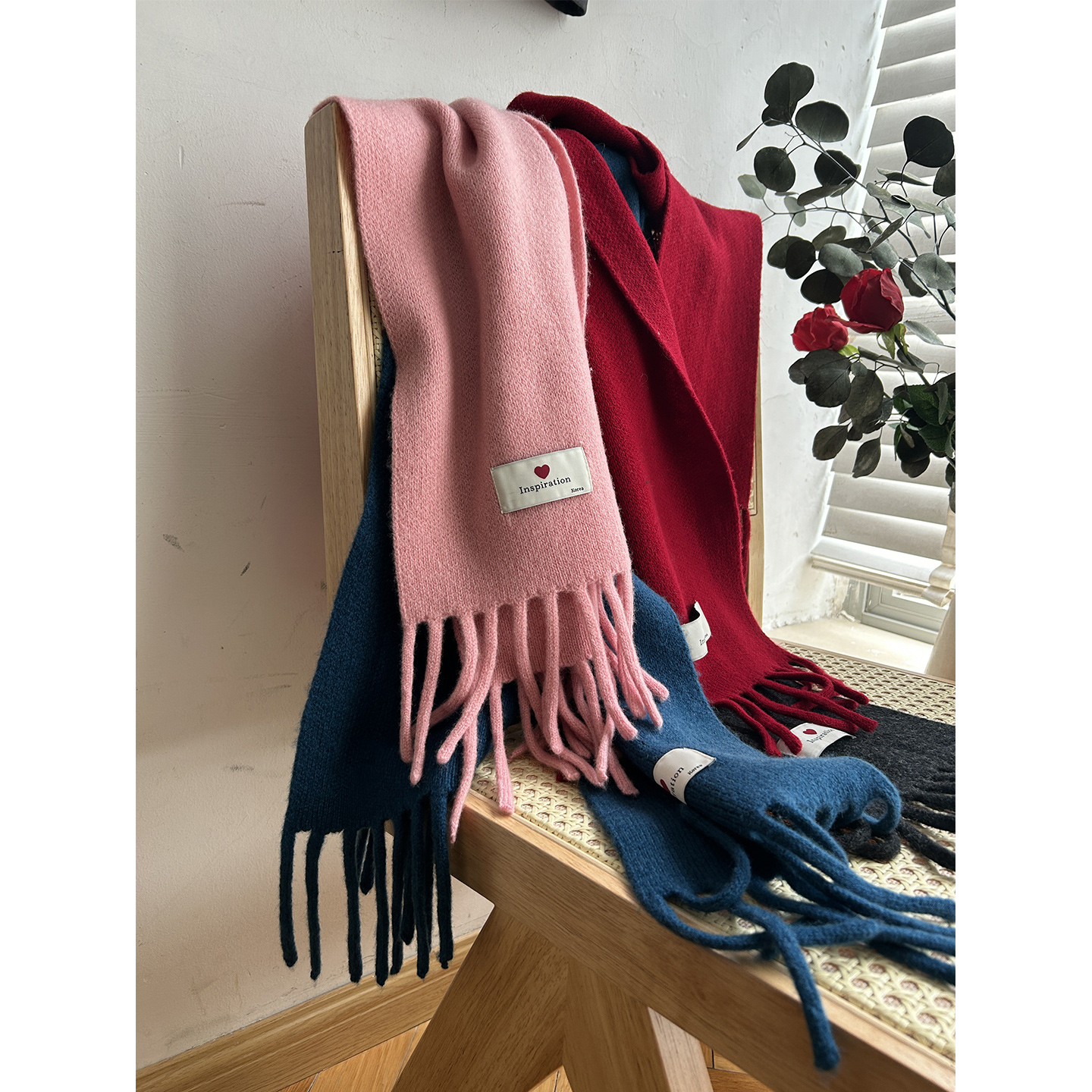 部分现货正品韩代东大门秋氛围感纯色羊毛流苏小围巾针织保暖围脖