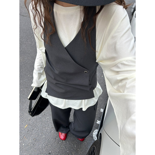 部分现货鬼鬼家正品韩代东大门气质feel挂脖小马甲裙裤长款西装裤 - 封面