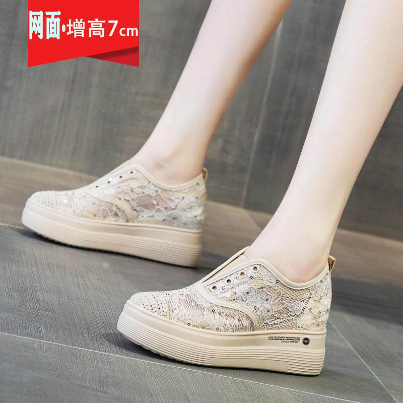 一脚蹬蕾丝渔夫鞋女夏季网面透气薄款网鞋内增高凉鞋女厚底乐福鞋