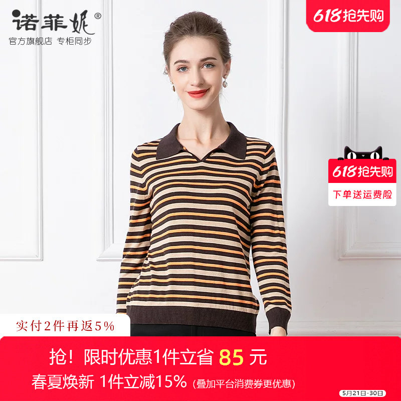 中年女装秋装新款条纹妈妈装桑蚕丝长袖针织衫薄款外搭套头上衣女