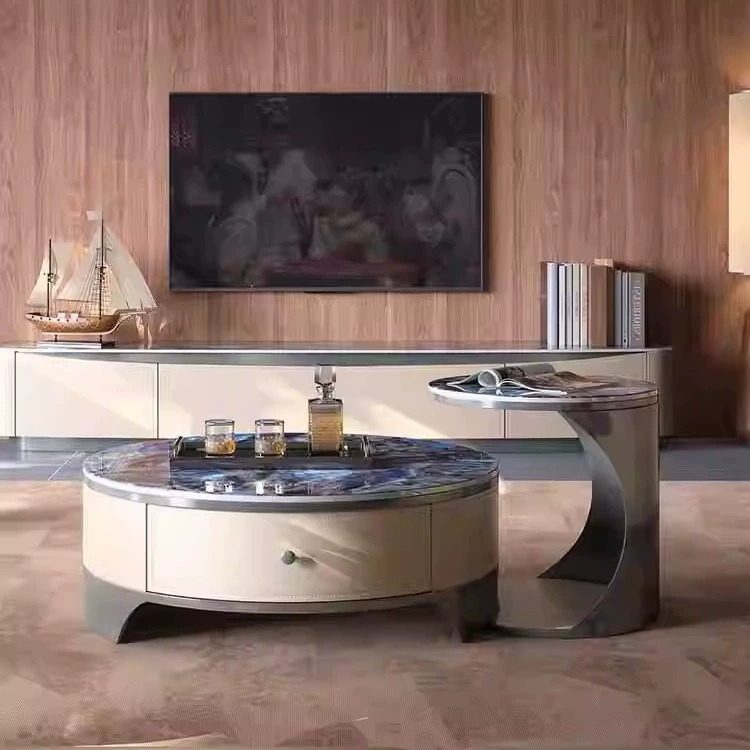 意式轻奢极简岩板茶几最新款轻奢高端客厅家用小户型简约圆形茶几