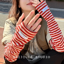 2025新款纯棉条纹宽松风防晒袖套女夏季遮阳防紫外线护臂冰袖手套