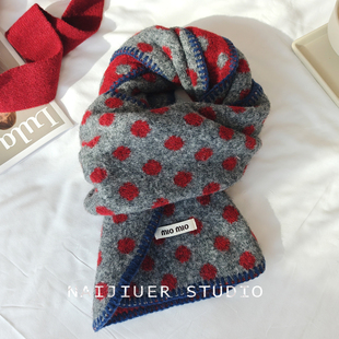 ins韩国锁边波点针织围巾女秋冬季加厚保暖百搭双面护颈小围脖潮