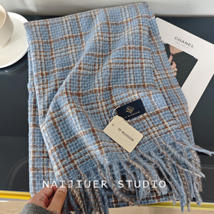 显气质蓝色~韩版格纹围巾女冬季百搭保暖仿羊绒大披肩秋冬天围脖