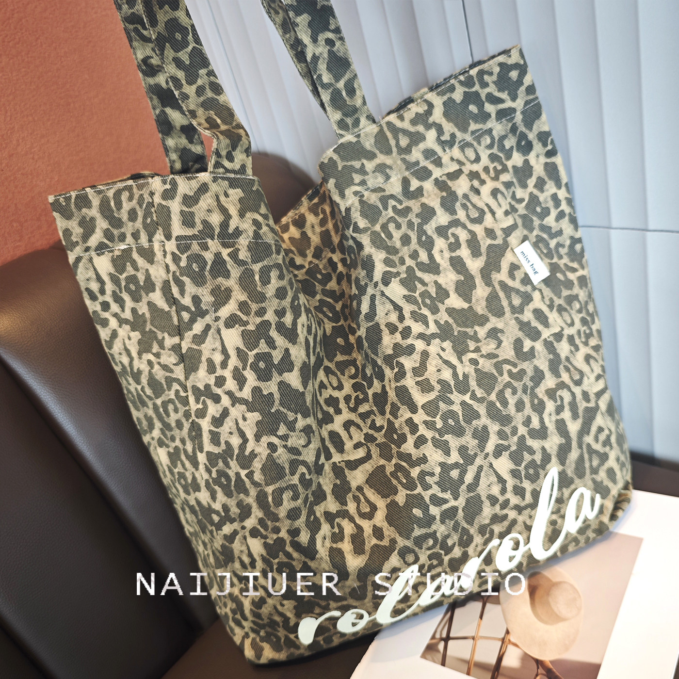 复古甜酷风豹纹帆布包女大容量托特包时尚百搭单肩学生上课手提包