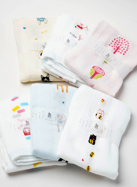 日本进口今治产kontex纱布轻薄柔软毛巾可爱插画风运动擦汗敷巾