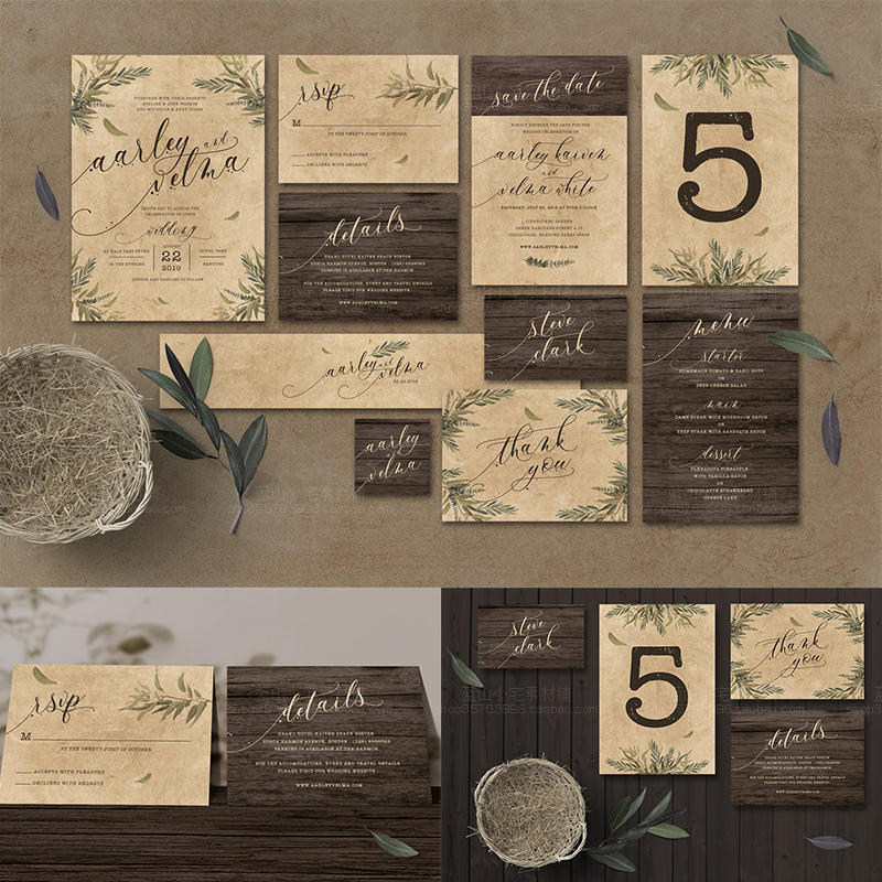 复古木板纸张纹理背景欧式晚会婚礼邀请函感谢卡桌卡PSD模板素材