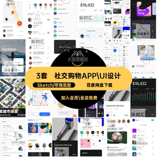 平台购物APP UI设计Sketch3套模版素材旅行页面三套社交社区格式
