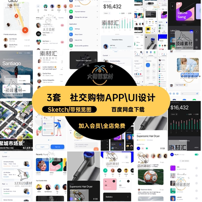 平台购物APP UI设计Sketch3套模版素材旅行页面三套社交社区格式