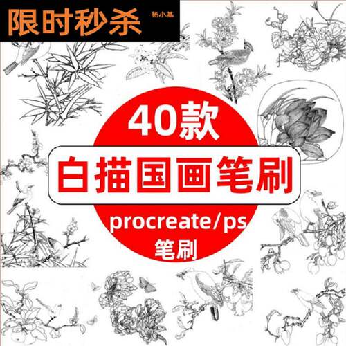 古风国画笔刷白描国画笔刷国风ps40款素描花鸟手绘线稿pro