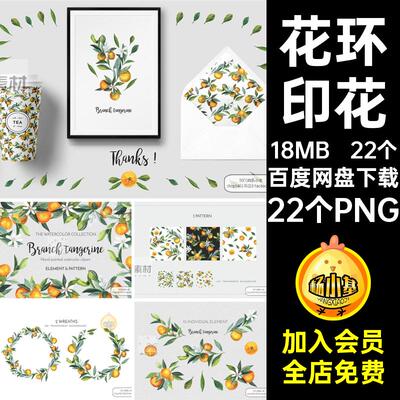 花环包装贺卡印花桔子免请柬PNG手绘花环PNG抠海报22个PNG手绘
