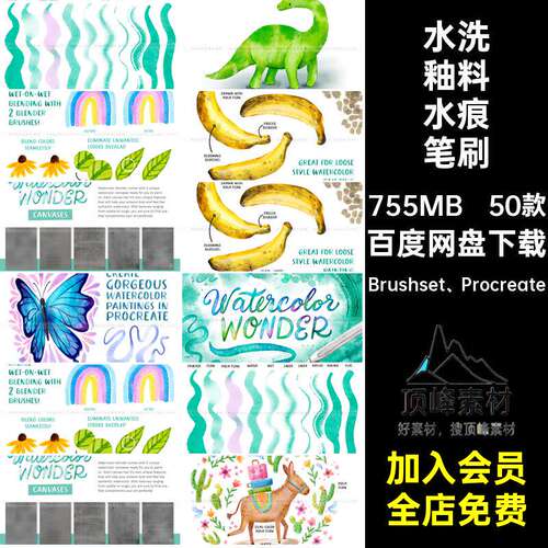 50款厚涂水墨晕染笔刷纹理ipad水彩水洗水彩插画Procr