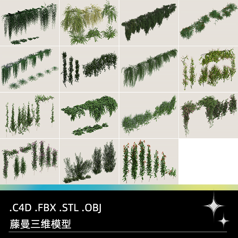 C4D FBX STL OBJ藤曼相思树花叶狗枣猕猴桃狐尾天门冬多花竹叶